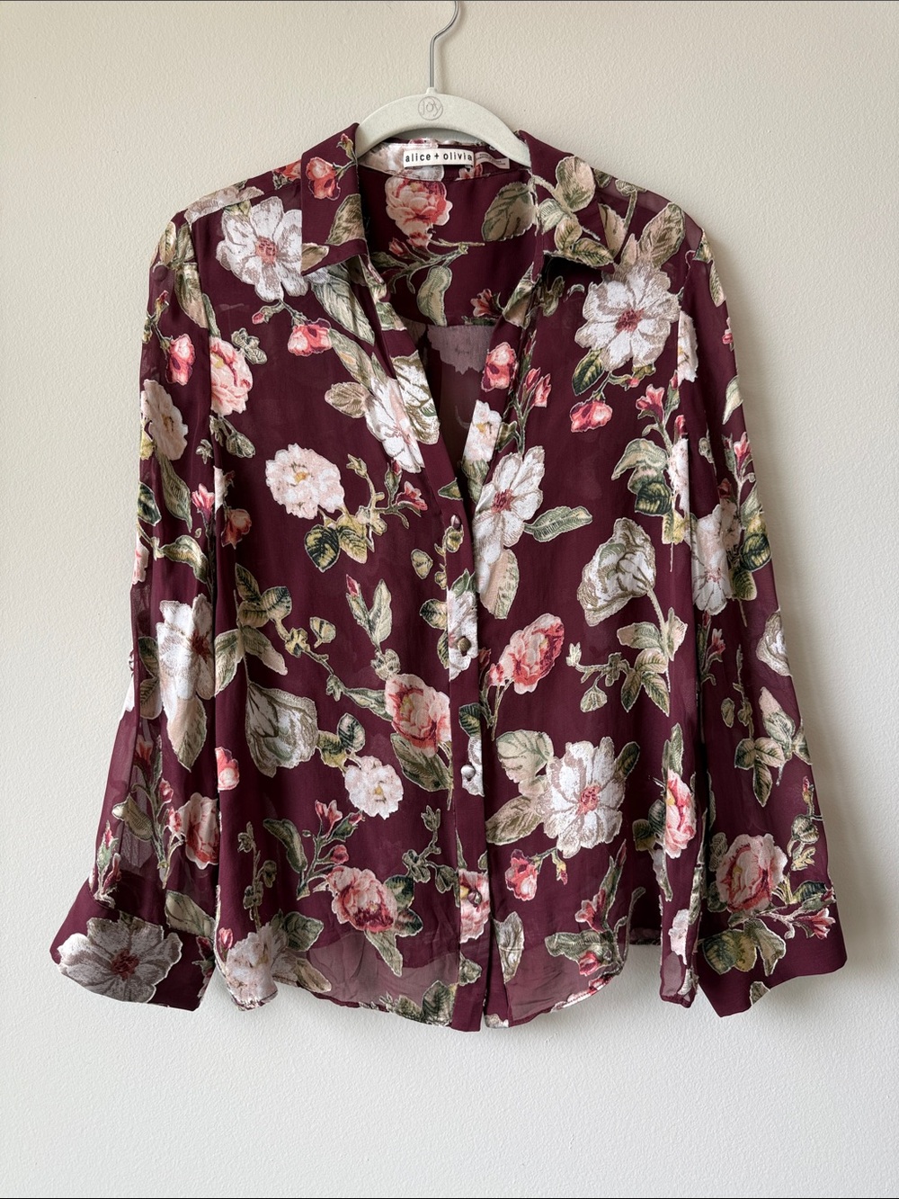 Alice + Olivia Maroon Floral Button-Down Shirt